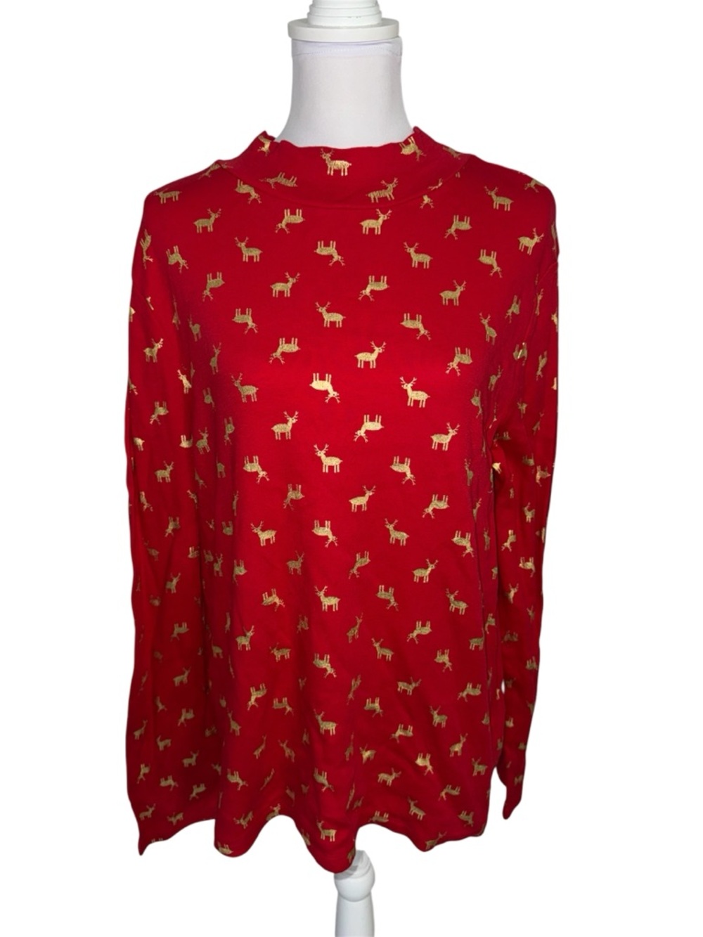 White Stag Reindeer Print Top XL Red Gold Christmas Long Sleeve Mock Neck